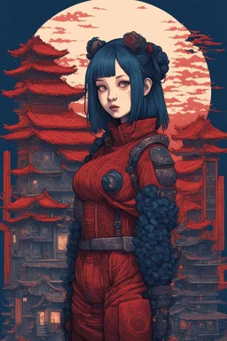 2 girls illustration (half) cyberpunk huge girl illustration by <John Kenn Mortensen> in darkred tones, and another petit girl illustration by Katsushika Hokusai in darkblue tones, 8bits, Pixel Art, hyperdetailed,