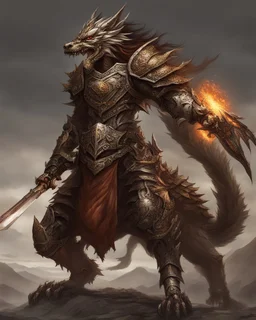 A combination of a dragon and a wolf and a commander riding on it Warrior warrior with leather and metal clothes and robotic metal