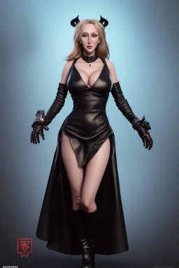 Brandi Love in black leather gown, evil, busty, cleavage, curvy, angry, happy, stern look. character design by cory loftis, fenghua zhong, ryohei hase, ismail inceoglu and ruan jia. unreal engine 5, artistic lighting, highly detailed, photorealistic, fantasy