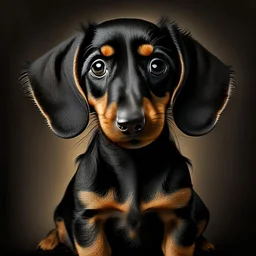 Disney style picture of a black and tan short hair dachshund puppy of 7 months. more black than tan, symmetric