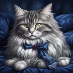 A Main Coon cat gray and white on a midnight blue velvet pillow and wearing a berry bow around her neck. Illustrative art, art interpretation, concept art, cgsociety contest winner, seasonal art, seasonal art HD, 4k, 8k, intricate, detailed, intricately detailed, luminous, translucent fantasy crystal, holographic data, soft body, shadow play, light, fog, atmospheric, cinematic, light film, hyper-detailed, hyper-realistic, masterpiece, atmospheric, high resolution, 8k, HDR, 500px, mysterious and