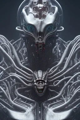 evil predator with crown, alien, brutal face, tron, head, bitcoin eyes, 8k, finely detailed, dark light, photo realistic, hr giger, cyberpunk