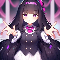 Clear focus,High resolution, Black long fluffy hair, and purple eyes, Loli, Sassy