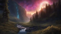 A stunning night sky seen from the bottom of a deep valley. a dying star. unicorn. exquisite realism, a masterpiece, fantasy concept art, dynamic lighting, intricately detailed, deep color, Unreal Engine, volumetric lighting, Epic cinematic brilliant stunning intricate meticulously detailed dramatic atmospheric maximalist digital matte painting. Painted by Larry Elmore.