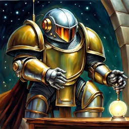 fantasy 90's tcg art of a sci fi paladin witha dome helmet and knight armor with big pauldrons holding a light staff oil