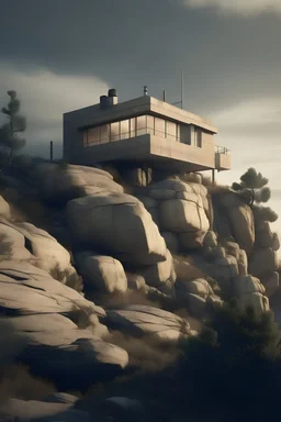 The images shows a building that is built on the top of a rock, in the style of vintage modernism, soft, atmospheric lighting, photo - realistic techniques, haunting houses, zeiss ikon zm, stone sculptures, naturalistic realism --ar 9:16 --s 750