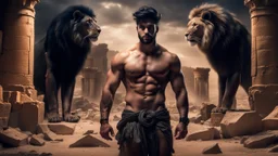 Hyper Realistic Handsome Muscular Shirtless Young-King-with short-black-hair-&-Beard standing with Black-Lion-with-horns-on-his-head inside a ruins of a lost-city between a desert at dark night with dramatic & cinematic ambiance