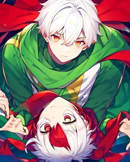 Green clothes with a yellow stripe and star in the middle of the print, short white hair, A young boy, wears a red scarf, has a colorful aura, At the bottom there are several stars, and his eyes are green.