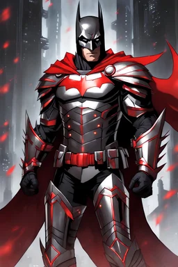 Full body Silver and red fantasy Batman armour, with a red cape, with black and red spikes coming out the back and arms, glowing red eyes, long red hair pony tail coming out the helmet