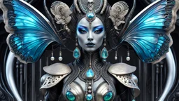 a full body shot of a beautiful menacing prismatic and (iridescent:1.5) (geisha alien:1.5) with perfect gorgeous black alien eyes and adorned with (unique bone carvings:1.5) with futuristic jewelry and pearlescent butterflies filigree, H.R. Giger style, Japanese and alien background, sharp focus, whimsical, fantasycore, aliencore, gothcore, lillies and tropical flora, aliens