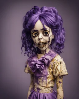 full color, illustration of a darkpurple and gold tones, menacing, Singer Melanie Martinez face, as a decayed, broken, crude homemade cloth doll toy, with a narrow cracked porcelain face, thick dark eyebrows, hair in two gradually, made from ragged strips of cloth, in the style of Alex Pardee, Tim Burton, and Nadya Sheremet