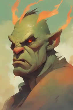 by Ismail Inceoglu & Atey Ghailan & Victo Ngai & Alan Lee & James Gilleard :: head-and-shoulders close-up of snarling scarred greasy sadistic middle-earth orc boss nemesis looking at you, burning village, smoke, ash :: doomsday :: gritty