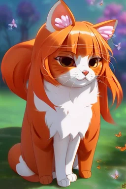 very cute anime cat with long orange hair catching a butterfly