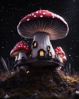 An illogically floating mushroom house on a clear night. white black, Stars Dark cosmic interstellar. Detailed Matte Painting, deep color, fantastical, intricate detail, splash screen, hyperdetailed, insane depth, concept art, 8k resolution, trending on Artstation, Unreal Engine 5, color depth, backlit, splash art, dramatic, High Quality Whimsical Fun Imaginative Bubbly, perfect composition