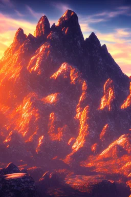 big rock mountains with and orange dawn sky with no clouds close montains anime style