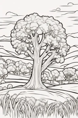 coloring page, tree in a meadow, cartoon style, thick lines, low detail, no shading