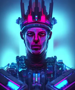 Symétrie!! Digital art portrait d'un roi cyborg guerrier avec sa couronne, science fiction, cyberpunk post apocalyptique future, sombre et coloré à la fois, contours fins néon bleu foncé, éclairage profond, décor extérieur neo tokio akira movie, angle de vue panoramique,hdr, 16k, octane effect, rendering 3d zoom x2, flou gaussien, cinema 4d