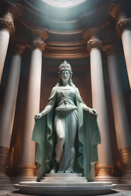 highly detailed marble and jade statue on a plint of the roman goddess of love. full body shot, volumetric fog, Hyperrealism, breathtaking, ultra realistic, unreal engine, ultra detailed, cyber background, Hyperrealism, cinematic lighting, highly detailed, breathtaking, stunning temple environment