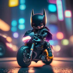 A Sharp Kawaii tiny hyper realistic baby batman riding mini ducati panigale, wearing bikers clothes with kick boxing action, night of cyberpunk city background. wide angle full body, 8k, Cinematography, photorealistic,epic composition Unreal Engine,Cinematic, Color Grading, Portrait Photography,Ultra-Wide Angle, Depth of Field, hyper detailed