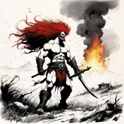 [art by Ralph Steadman] once a flourishing field, now reduced to burned ruins, fumes of death hung heavy in the air. Amidst the devastation, an enraged redhead Barbarian, a towering figure of wrath and fury, thundered across the desolate landscape. His eyes blazed with a primal rage as he sprinted towards a lone white paladin, clad in chrome steel plate armor, a beacon of light amidst the darkness.