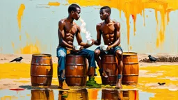 minimalist acrylic impasto painting of two skinny tall young black Somali neighbors sitting on rusty oil barrels drinking steaming coffee, wide angle, dynamic crude brush strokes, dusty yellow heat mood, peaceful vibe, tribal vibe, amazing reflections, amazing verticals, great parallels, warm shades of yellow, orange, green and black with sparse deep red leaks, afrofuturism, vibrant nighthawk people on a black wall, rusty village decay, arafed doors