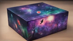 a box 10 cm long by 5 cm wide and 25 cm high, drawn on a box on all sides, space, tress, planets, crow galaxies a lot of colours purple, green and red, very realistic