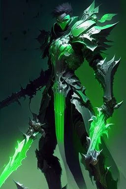 a man in armor holding a green sword, style of ghost blade, ghostblade, nekro xiii, night time raid, style of duelyst, glowing green soul blade, heise-lian yan fang, by Zhou Jichang, concept art | feng zhu, dark fantasy character design, intricate assasin mecha armor, lineage 2 revolution style