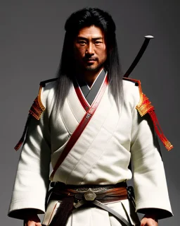 a portrait of an ancient japanese warrior, samurai, white clothes, katana, super detailed, bright colors,