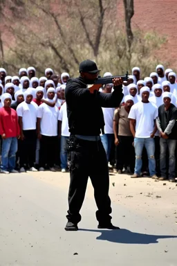 schwarzer drogen dealer mit ak47 zielt auf eine große gruppe weißer unschuldiger menschen bereit sie alle zu töten