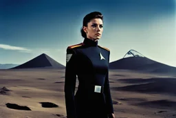 [color photo by Helmut Newton] a female Starfleet cadet in command of her starship. amidst a desolate landscape beside a, Her torn jacket uniform billows in the wind, a symbol of resilience in the face of adversity. Horror is etched across her face as she gazes towards the distant horizon, where a monstrous entity looms ominously, a nightmare given form in the vast expanse of space. The starship's hull gleams under the gentle light of distant stars, a beacon of hope shining amidst the desolatio