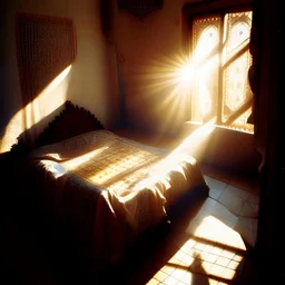 a pinhole camera photo of sunlight streaming into a sumptuous Arab-style bedroom