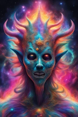 metephysical colourful horror masked horror inhumane godly being cosmic creature of magic transcended