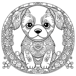 baby dog, happy mood, cute animals, mandala, full view, realistic, coloring page, only draw lines, coloring book, clean line art, –no sketch, color, –ar 3:4, white background, minimalistic black lines, minimal black color, low level black colors, coloring page, avoid thick black colors, thin black line art, avoid colors, perfect shape, perfect clear lines,