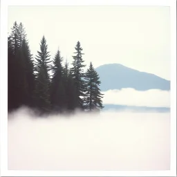 A polaroid photo of a group of fir trees in the background and a high hill in the distance. A lake. The surface below is in a pastel color. Odd dark person. Fog is present.