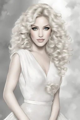 Coloring Page, Blonde bombshell, Beautiful Woman, Mixed Race, in Style of Charles Bowater & Thomas Kinkade combined, digital illustration with beautiful eyes, and full curly wavy hair, long eyelashes, coloring page flawless line art. No Color