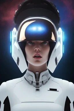 Black intergalactic pilot Quorra, portrait, bright white eyes, wearing high tech pilot helmet, beautiful face, white smoke, dark, rage, sorrow, high definition, ultra 8 k, volumetric lighting, blue fire, fog