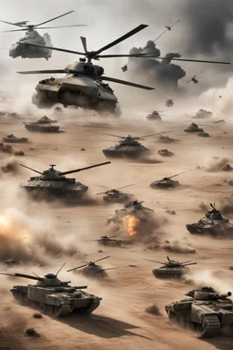 battlefield with many tanks and helicopter fight each other