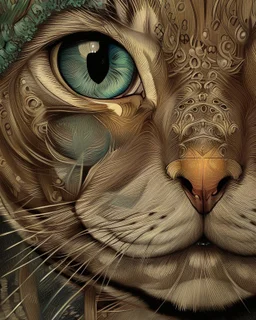 Detailed Surreal Portrait of cat with green eyes by Van Gogh in muted colors.