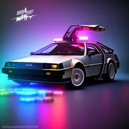 cyberpunk army DeLorean, cyberpunk 2077, center composition, water reflection, ultra realistic, shiny, smooth, studio quality, octane render, Surrealism, Triadic colour scheme, glow-stick, god rays, mist on the horizon, ambient lighting, nightclub lighting, polaroid, 100mm, --ar 1:1 --v4