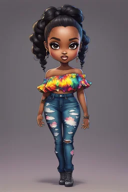 create a colorful abstract digital art image 8k of a chibi curvy black female wearing torn jeans pants and a black-tie dye off the shoulder blouse. Prominent make up with hazel eyes. Highly detailed long wavy sleek ponytail