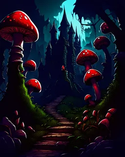 A frightening mushroom forest dungeon with a twisted bramble evil castle in the background