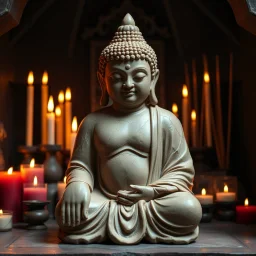 mythical Budda shaped from clay showing the cracks, curves, and handmade details. Background is a shrine with many candles and burning incense sticks in a small dark alcove