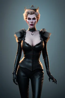 Hannah Waddingham as evil queen in black leather, busty, cleavage, voluptous, rebecca Welton, angry, stern look. character design by cory loftis, fenghua zhong, ryohei hase, ismail inceoglu and ruan jia. unreal engine 5, artistic lighting, highly detailed, photorealistic, fantasy