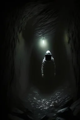 character in semi-darkness, on the scree cone of an underground room dimly lit by daylight coming from a well located forty meters above.