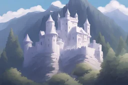 white and texured castel thats sitting on top of a mountain that dose'nt have alot of trees and theres water behind the mountain
