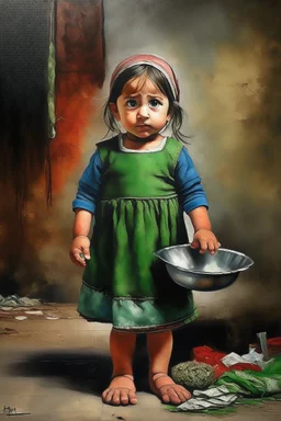 an expressive painting of a 3 years old girl poor with Ruth clothes standing in line asking for food with a pan in her hand painting, with Palestinian flag in the background, we might see a companion with features of absolute strength and determination, blended with warmth and deep faith. Perhaps his face expresses wisdom and courage, with eyes radiating confidence and faith.