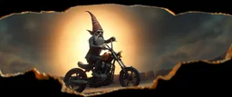 style John Atkinson Grimshaw,3d airbrush render, cut out darkling slender gnome on huge chopper bike with bright aura , pinhole cam, airbrush 3d rendering, torn edges on border, character reaches outside border
