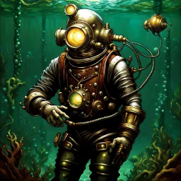 90's tcg art silver steampunk male diver with glowing helmet underwater