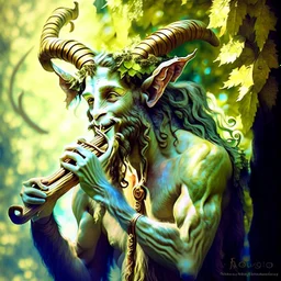 satyr male nature spirit in Greek mythology, both human-like and goat- or horse-like features. their deep love drinking, dancing, and music. Prompt: "painting, pan satyr playing wooden flute, ram horns, by Kris Kuksi, beautiful leafy background, sunny day" Modifiers: bokeh sharp focus fantasy intricate 8k portrait beautiful dynamic lighting close up hyperrealistic crisp quality Unreal Engine hdr cinematic postprocessing Alphonse Mucha salvator dali black ink Craig Rutkowski Moody colors