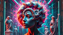 A surreal futuristic portrait of a woman with a spiral nautilus shell as her headpiece, blending vivid psychedelic colors and intricate patterns. Classical Greek and Roman sculptures surround her, emerging from the spiral like gods of mythology, Neuve,surreal vibe, abstrack geometri, absurd, multi eksposurBackground features a neon cyberpunk grid and abstract digital elements. Highly detailed, vibrant, dreamlike, sci-fi-meets-classical aesthetic, ultra HD, cinematic lighting.